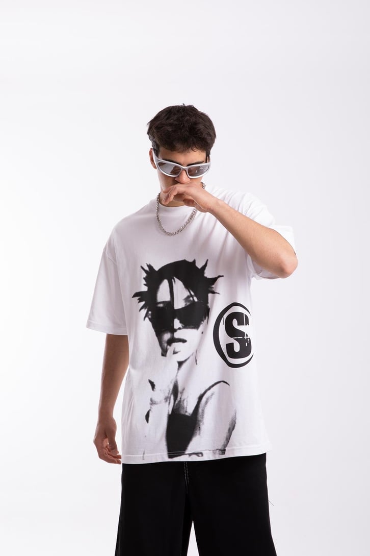 S Printed Beyaz Oversize Tshirt