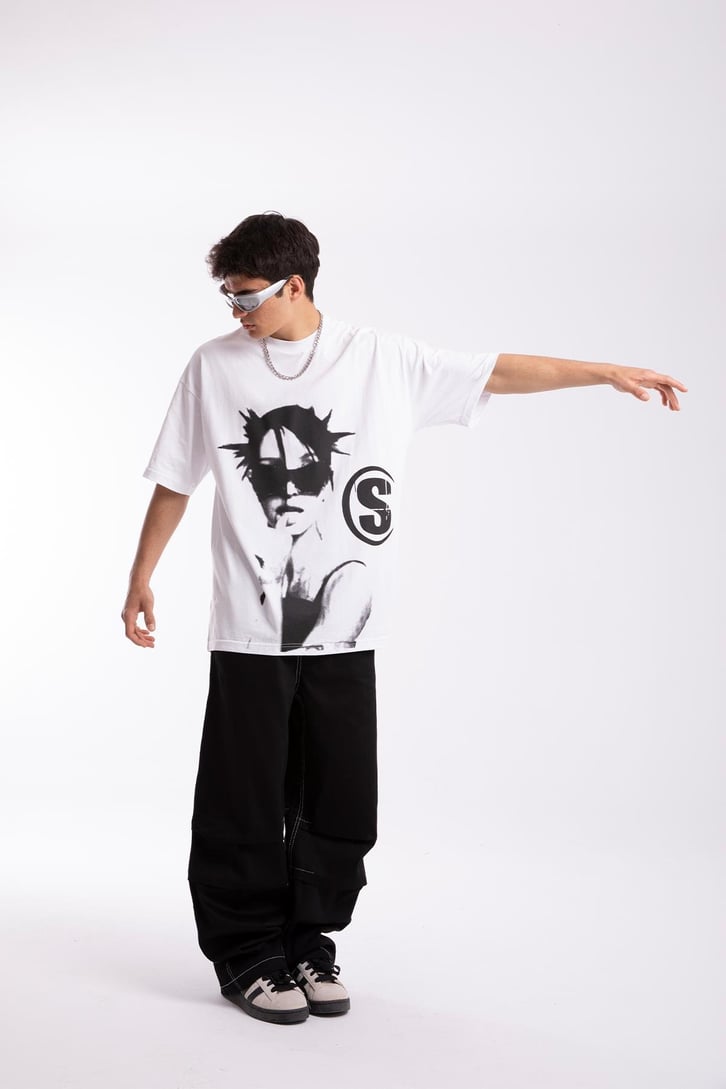 S Printed Beyaz Oversize Tshirt