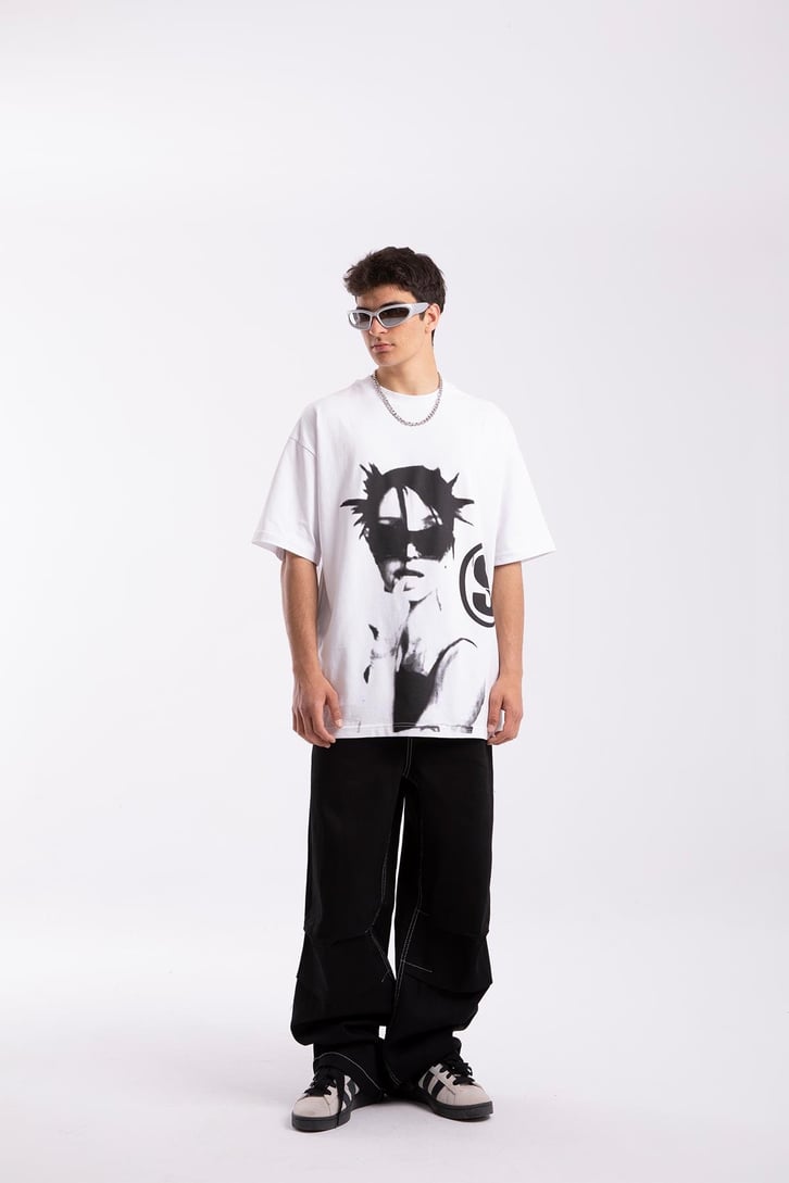 S Printed Beyaz Oversize Tshirt