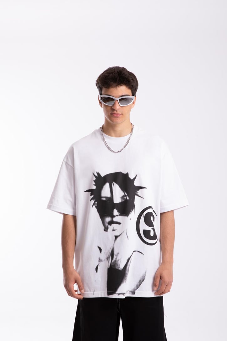 S Printed Beyaz Oversize Tshirt