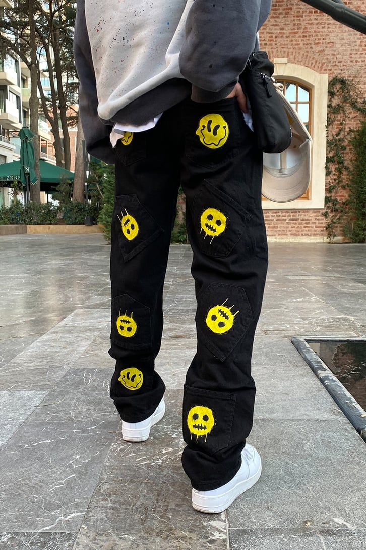 Sad Boy Printed Siyah Losse Fit Jean