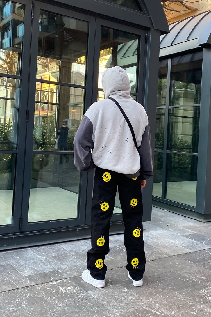 Sad Boy Printed Siyah Losse Fit Jean