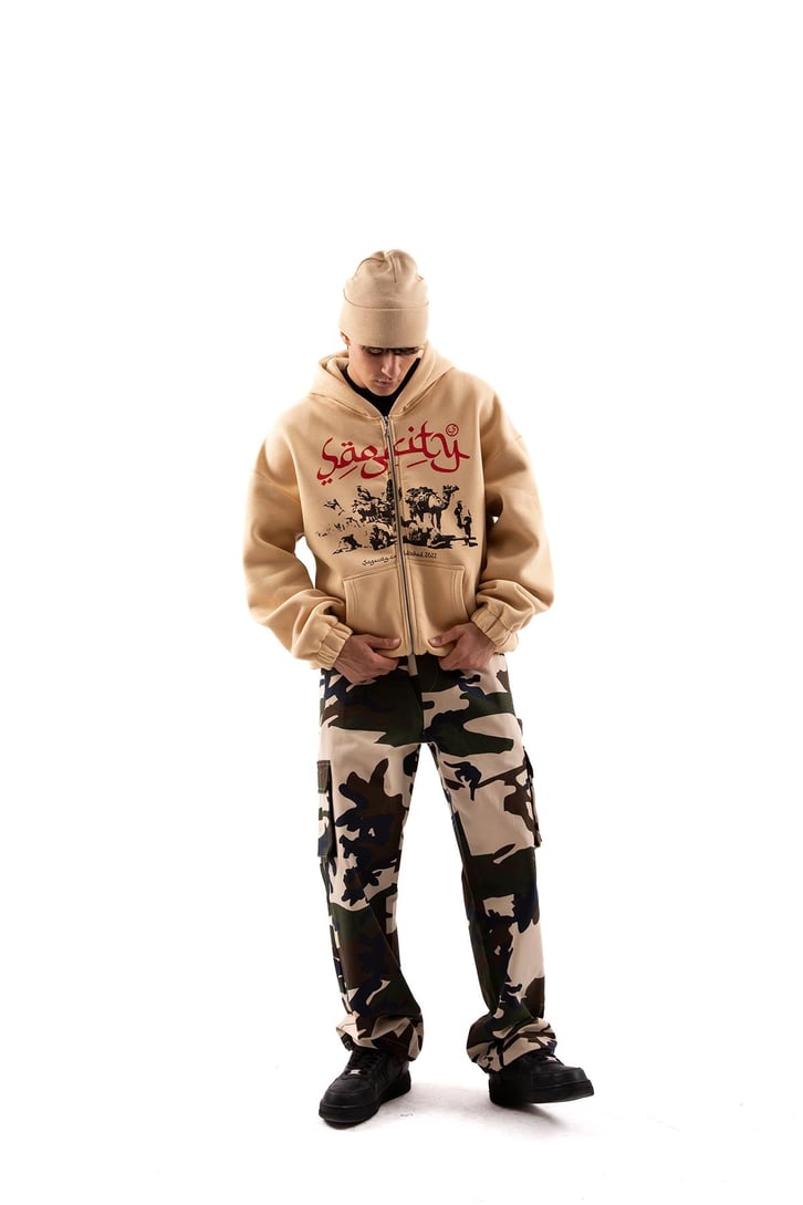 Sagcity Baskılı Camel Oversize Zip Hoodie