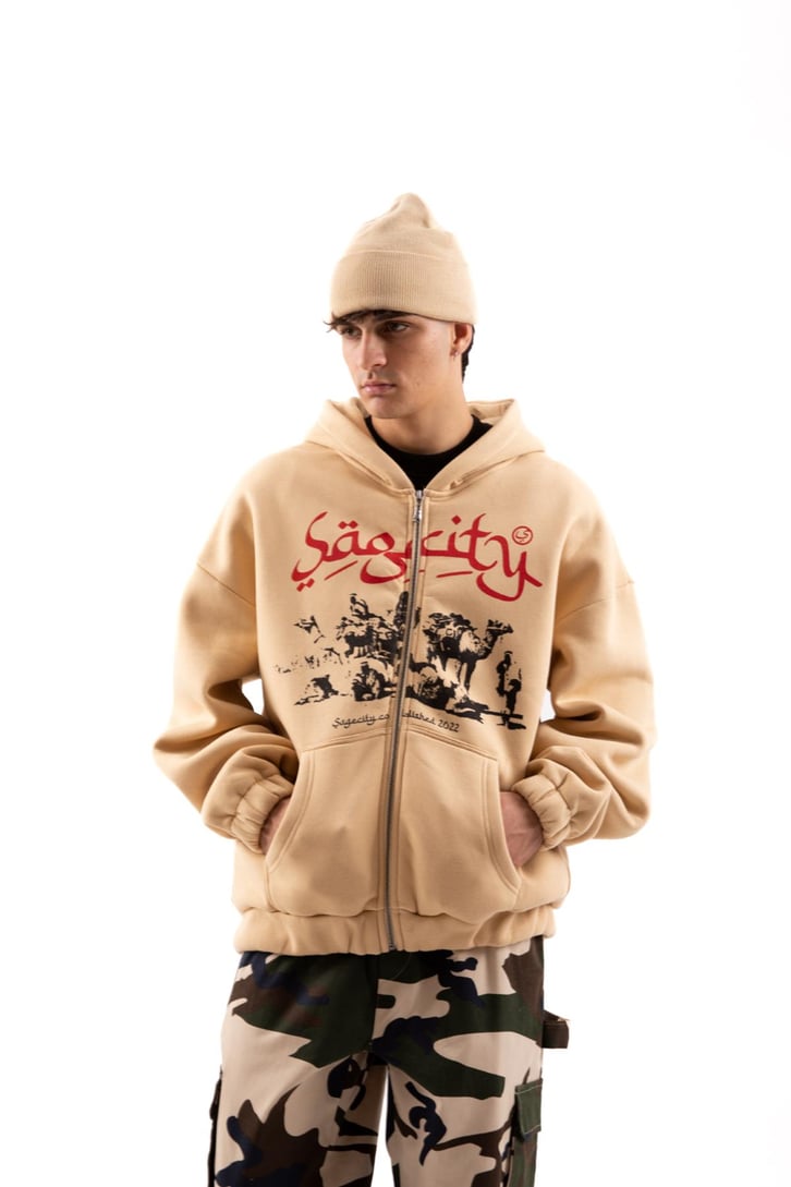 Sagcity Baskılı Camel Oversize Zip Hoodie