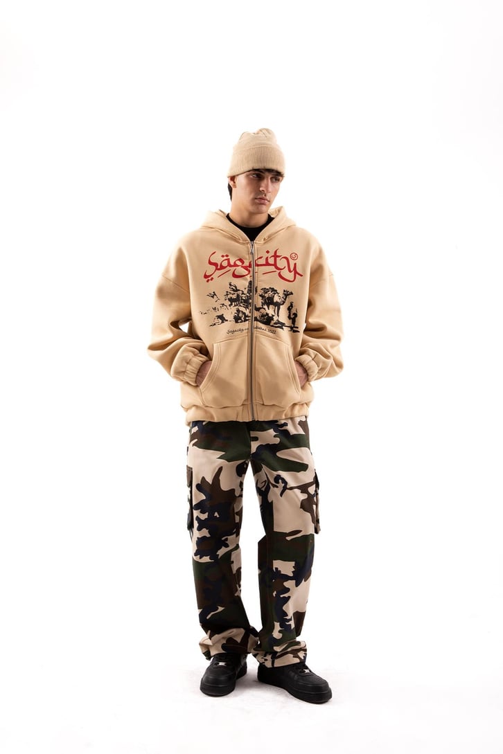 Sagcity Baskılı Camel Oversize Zip Hoodie