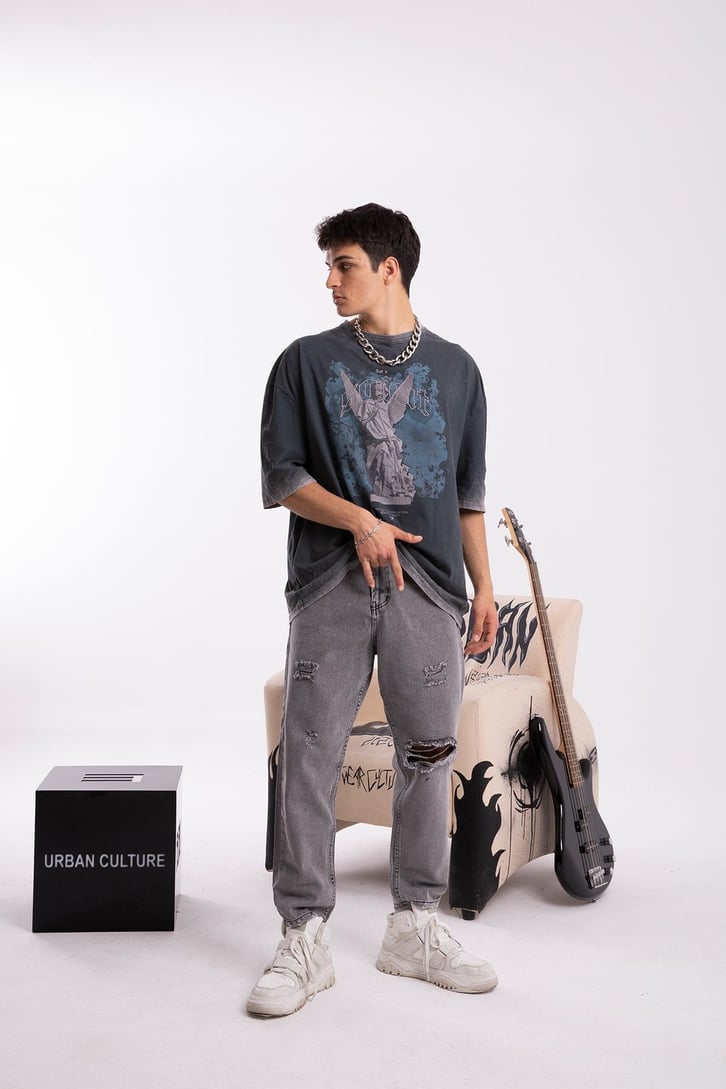 Saint Baskılı Acid Wash Oversize Tshirt