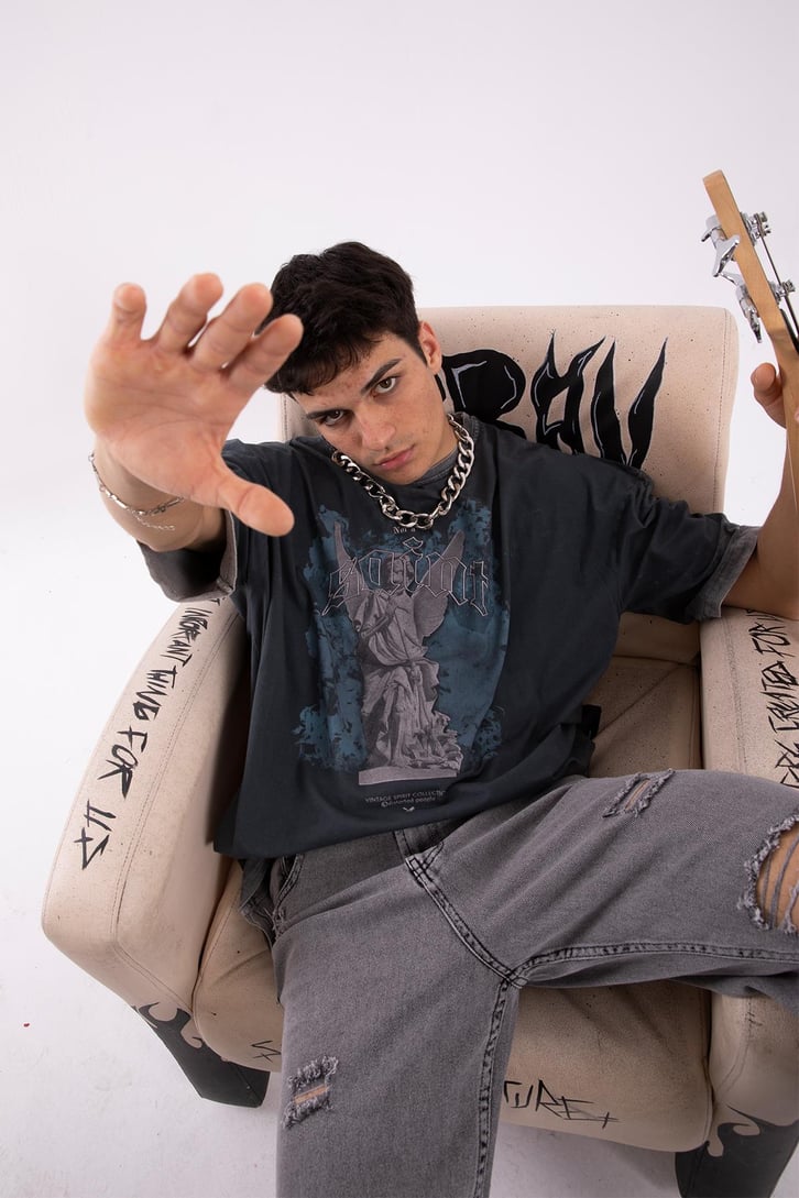 Saint Baskılı Acid Wash Oversize Tshirt