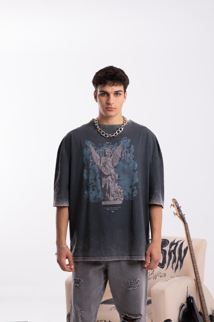 Saint Baskılı Acid Wash Oversize Tshirt