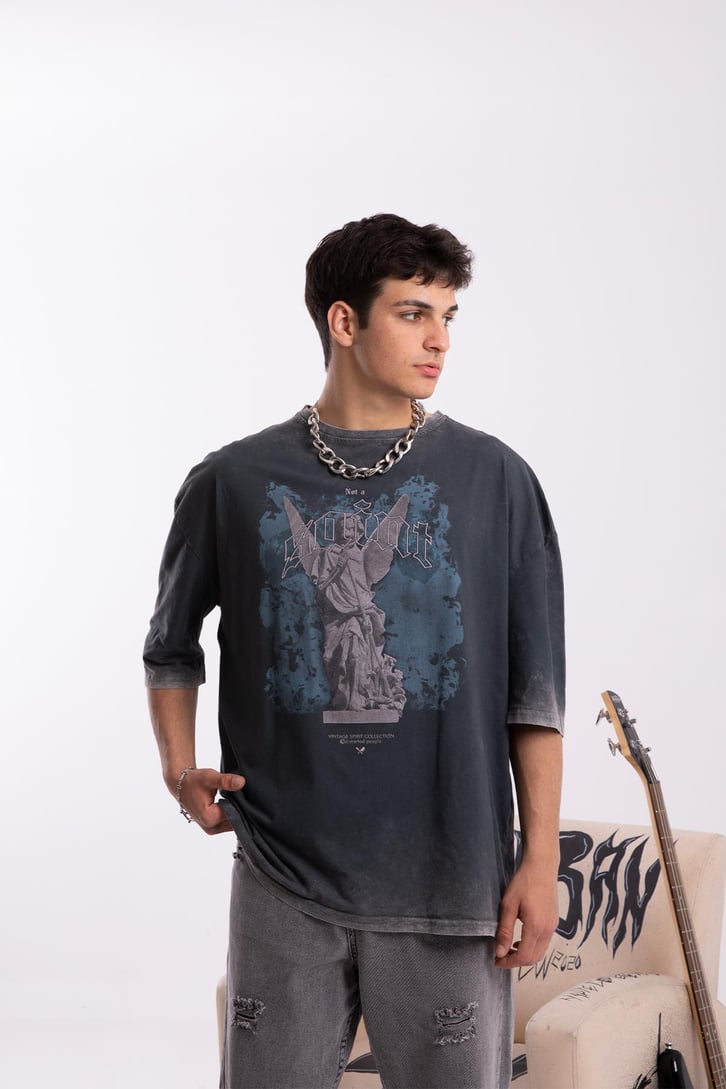Saint Baskılı Acid Wash Oversize Tshirt