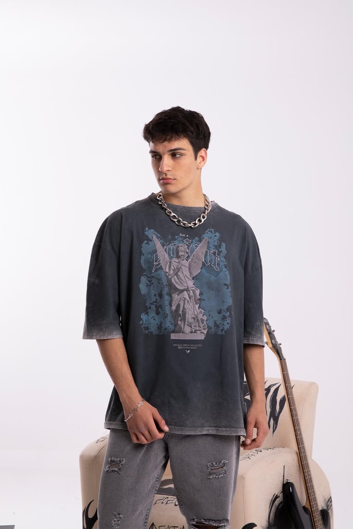 Saint Baskılı Acid Wash Oversize Tshirt