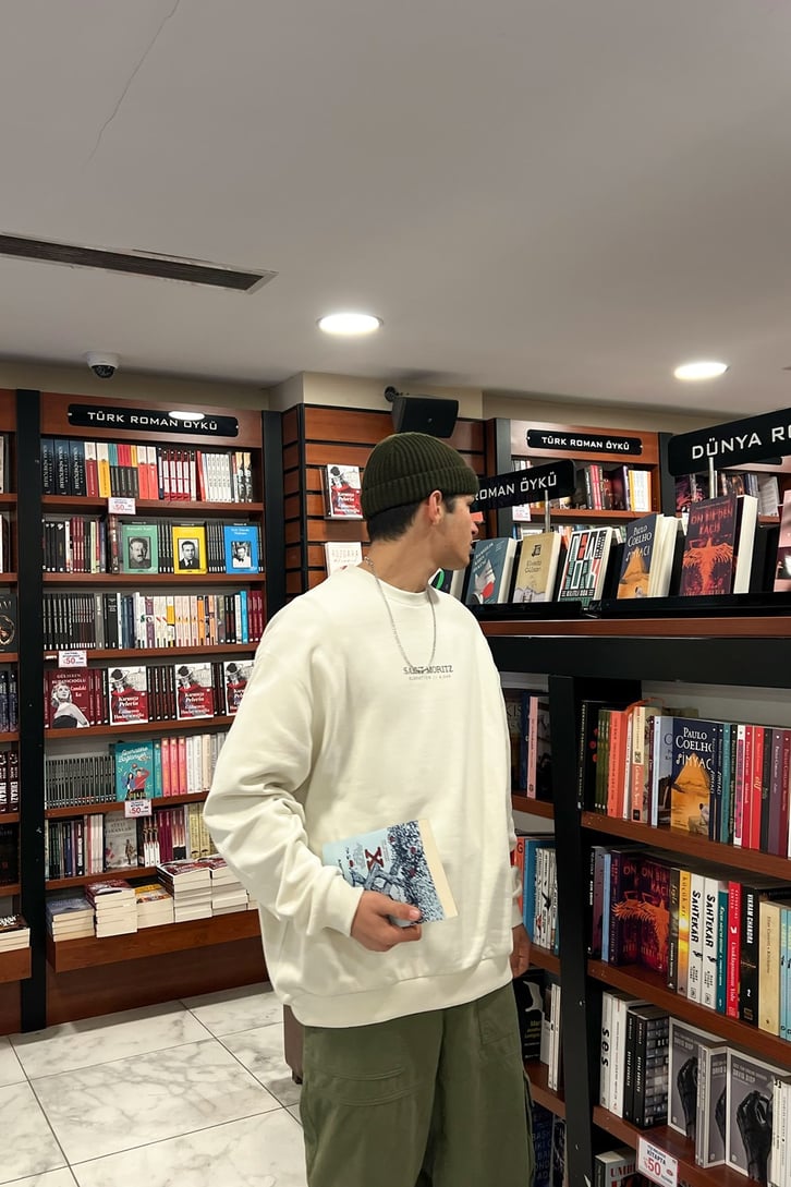 Saint Moritz Basklı Taş Rengi Oversize Sweatshirt