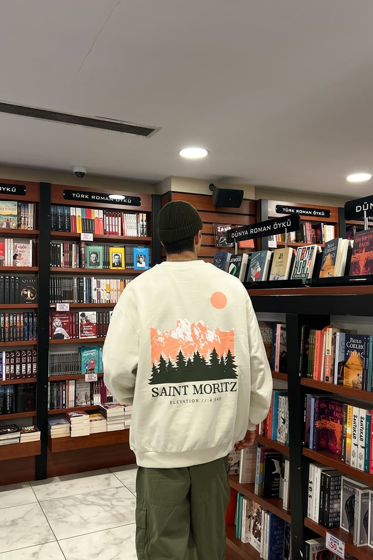 Saint Moritz Basklı Taş Rengi Oversize Sweatshirt