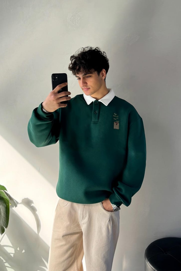 Saksı Nakışlı Polo Yaka Sweatshirt