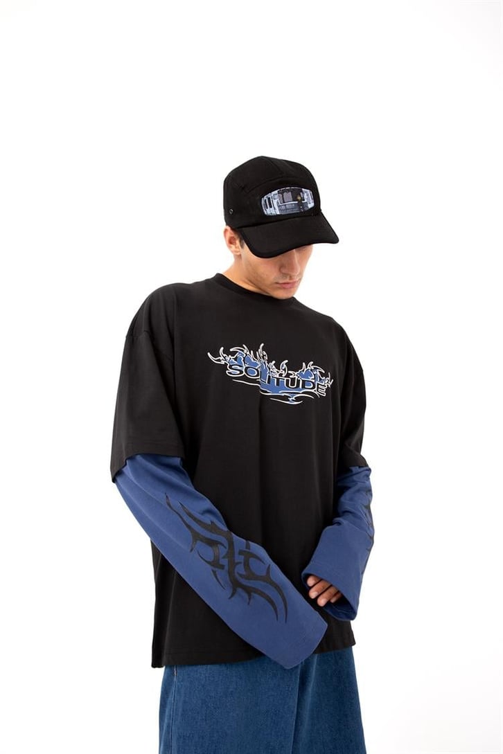 Salitude Baskılı Siyah Oversize Long Sleeve Tişört