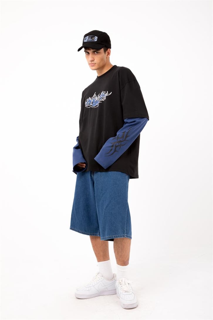 Salitude Baskılı Siyah Oversize Long Sleeve Tişört