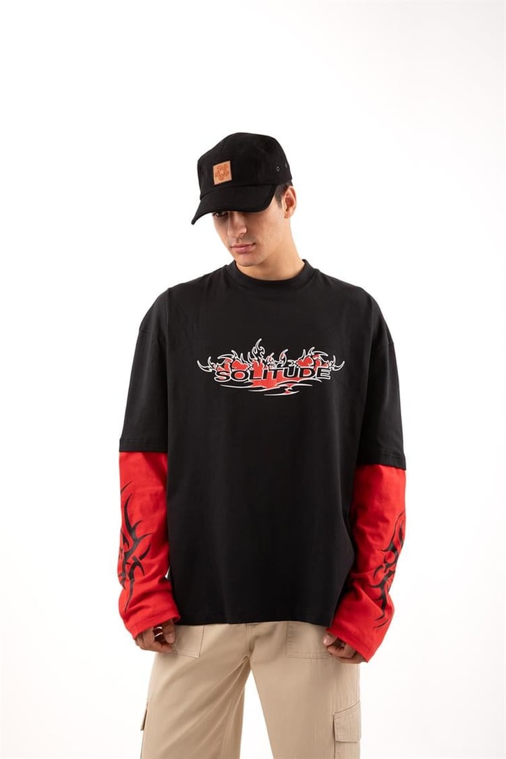 Salitude Baskılı Siyah Oversize Long Sleeve Tişört