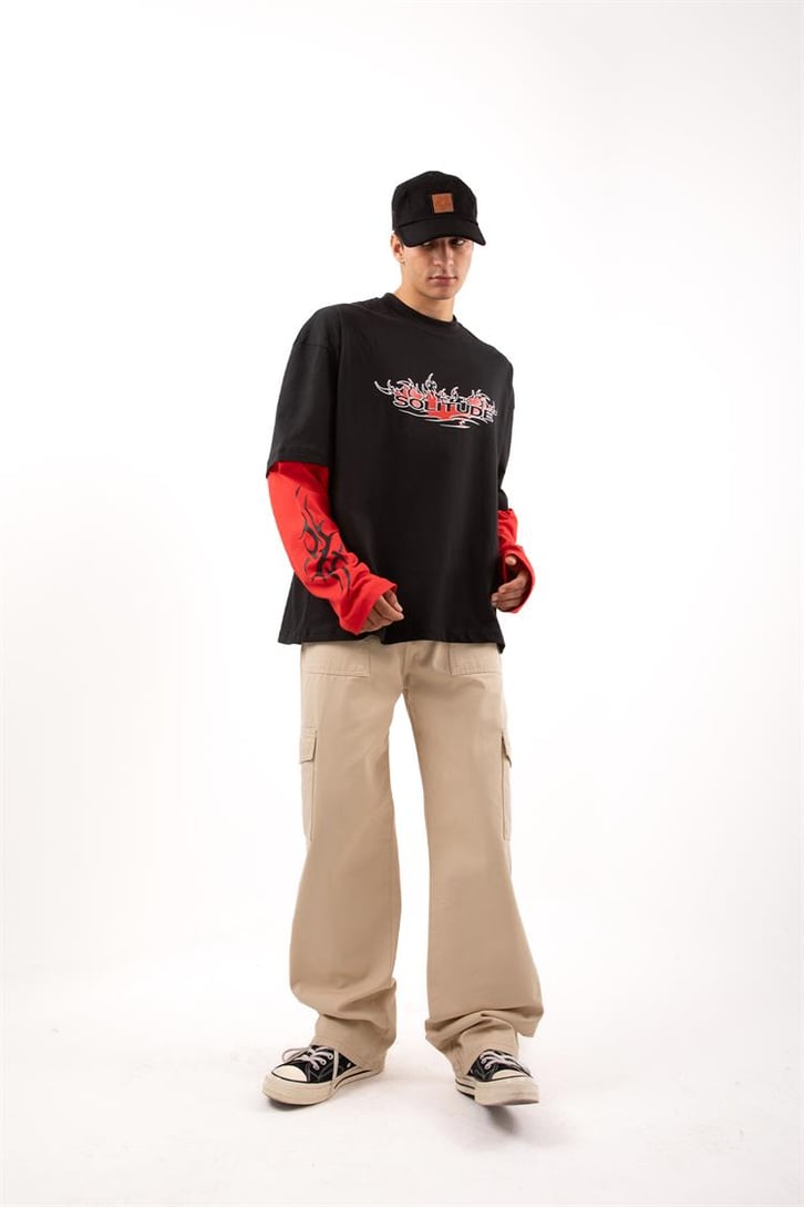 Salitude Baskılı Siyah Oversize Long Sleeve Tişört