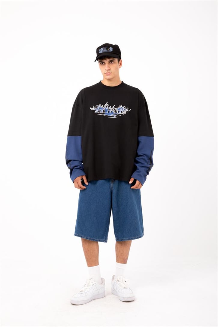 Salitude Baskılı Siyah Oversize Long Sleeve Tişört