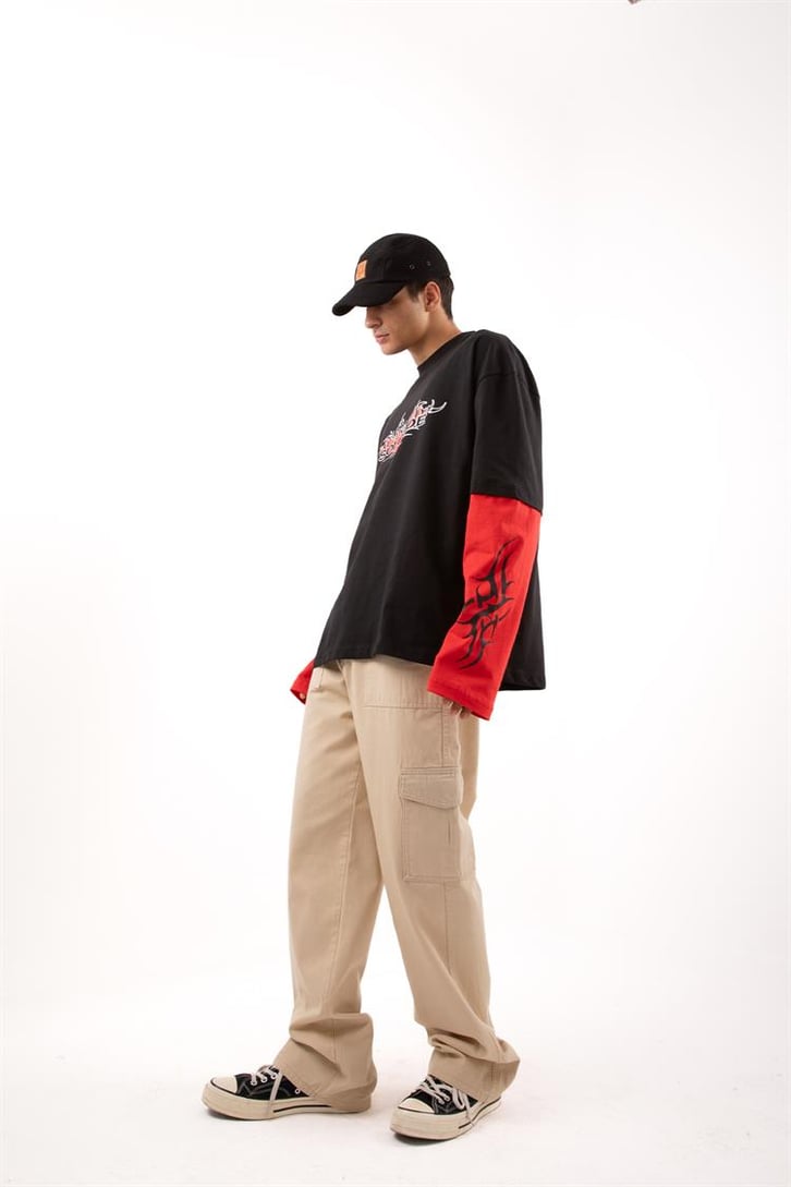 Salitude Baskılı Siyah Oversize Long Sleeve Tişört