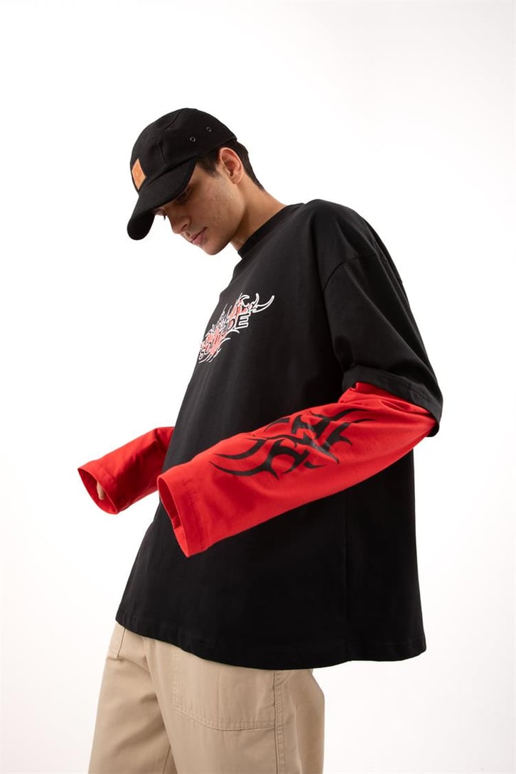 Salitude Baskılı Siyah Oversize Long Sleeve Tişört