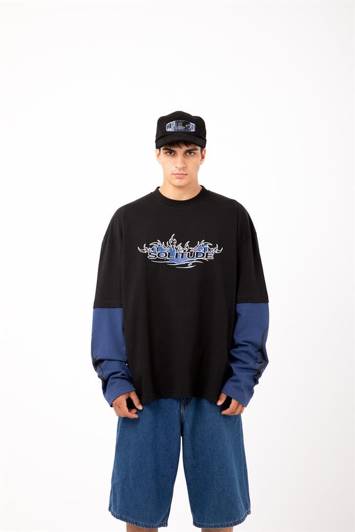 Salitude Baskılı Siyah Oversize Long Sleeve Tişört
