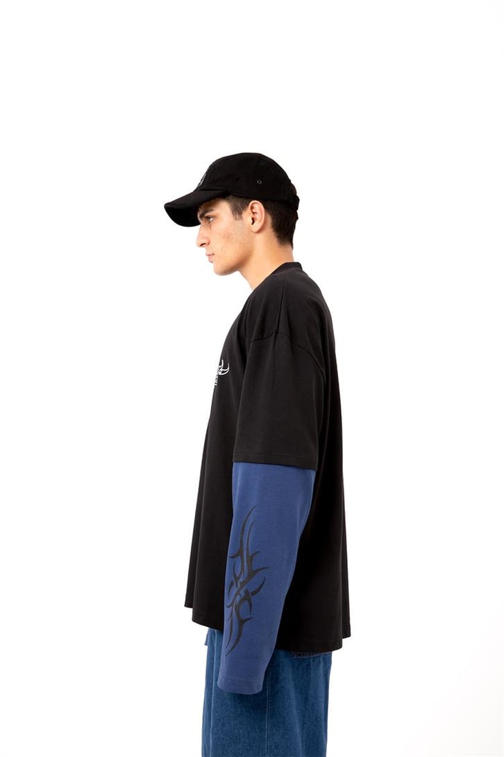Salitude Baskılı Siyah Oversize Long Sleeve Tişört