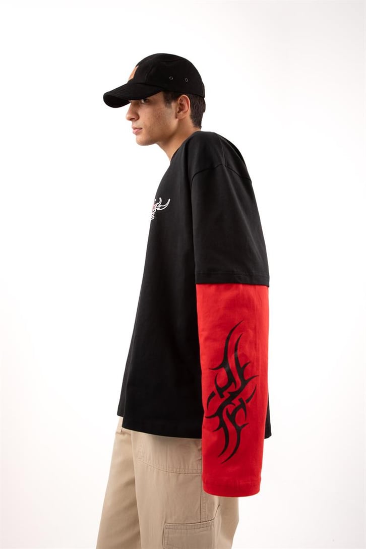 Salitude Baskılı Siyah Oversize Long Sleeve Tişört