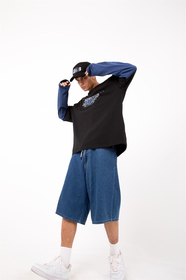 Salitude Baskılı Siyah Oversize Long Sleeve Tişört