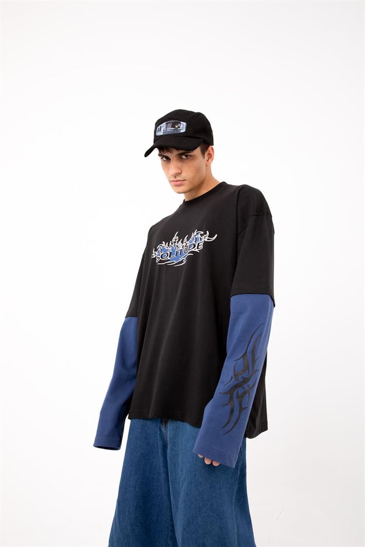 Salitude Baskılı Siyah Oversize Long Sleeve Tişört
