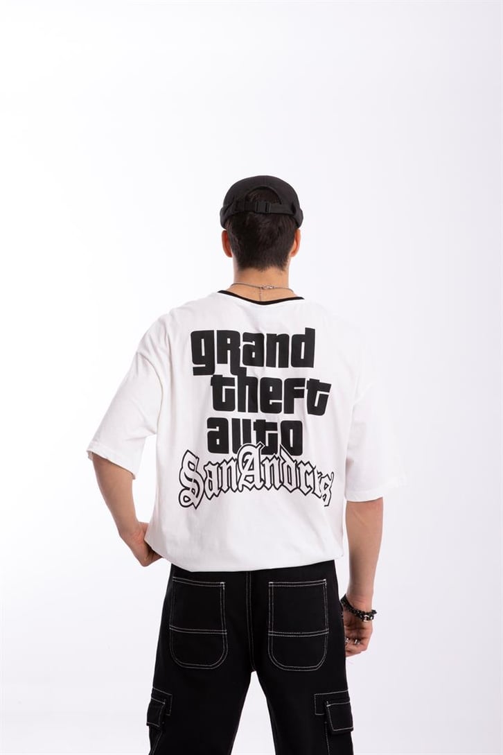 San Andreas Baskılı Beyaz Oversize Tişört