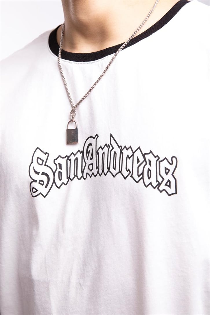 San Andreas Baskılı Beyaz Oversize Tişört
