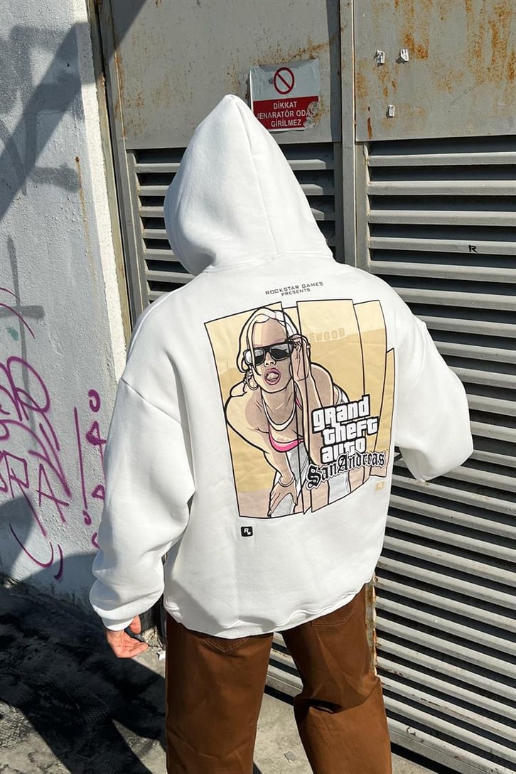 San Andreas Sırt Baskılı Beyaz Oversize Hoodie