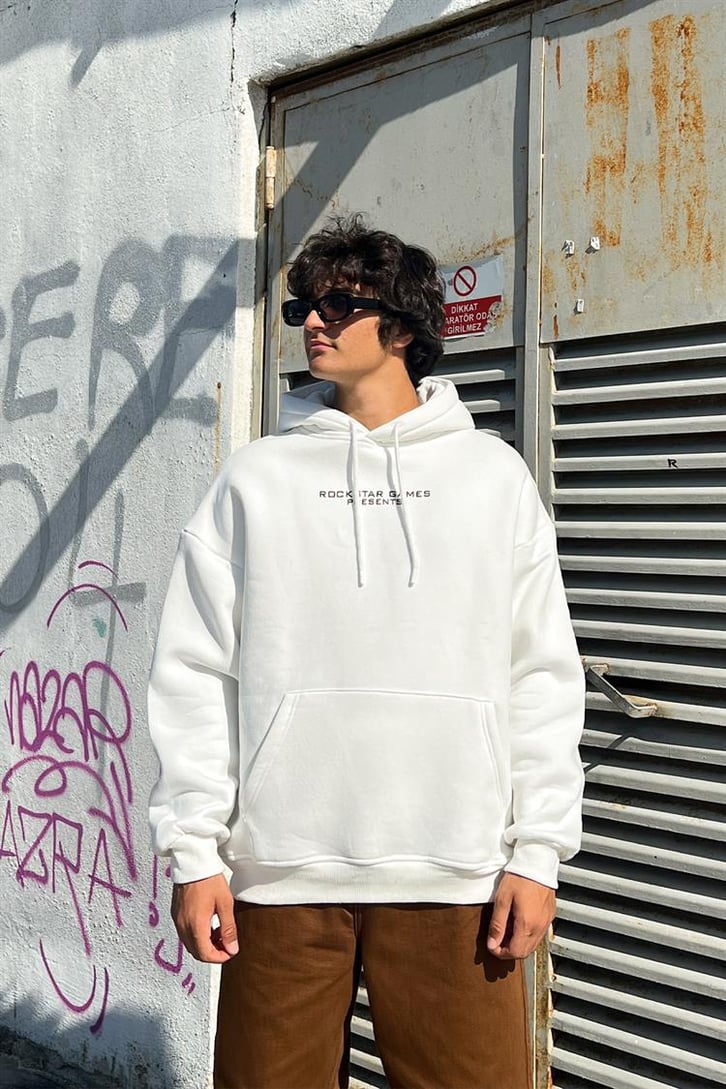 San Andreas Sırt Baskılı Beyaz Oversize Hoodie