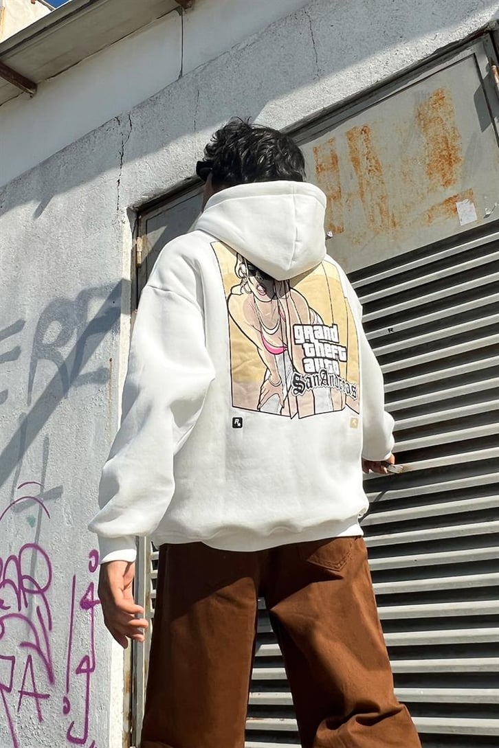 San Andreas Sırt Baskılı Beyaz Oversize Hoodie