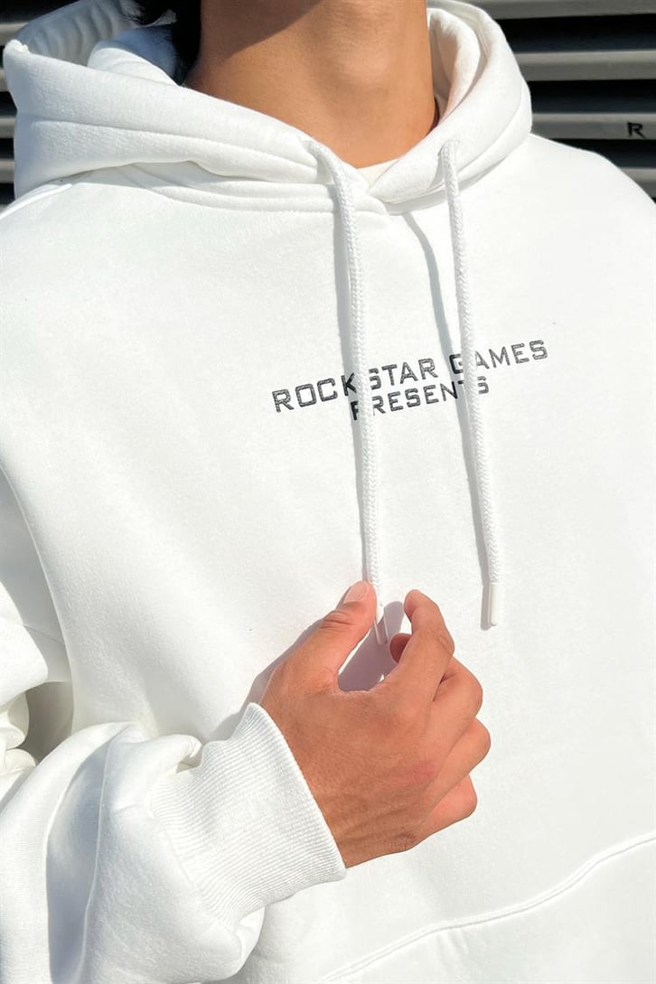 San Andreas Sırt Baskılı Beyaz Oversize Hoodie