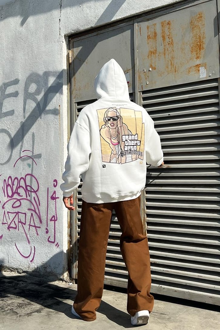 San Andreas Sırt Baskılı Beyaz Oversize Hoodie