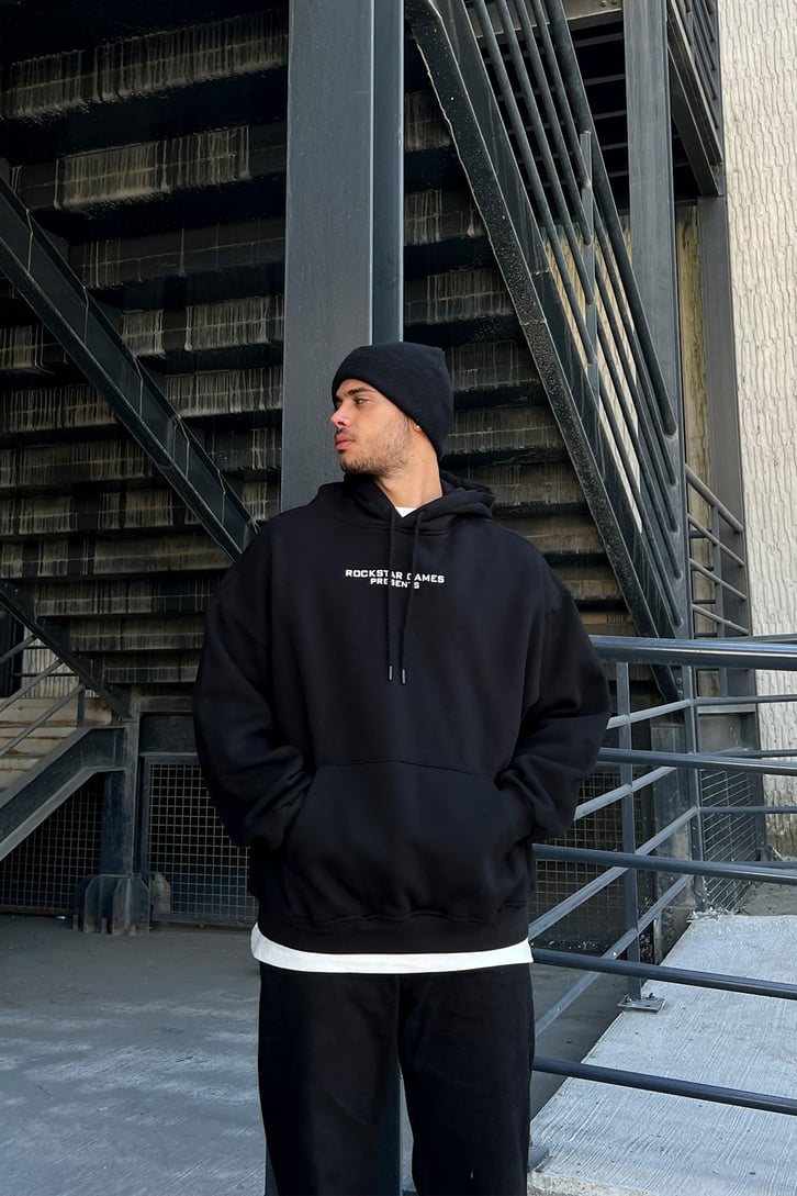 San Andreas Sırt Baskılı Siyah Oversize Sweatshirt