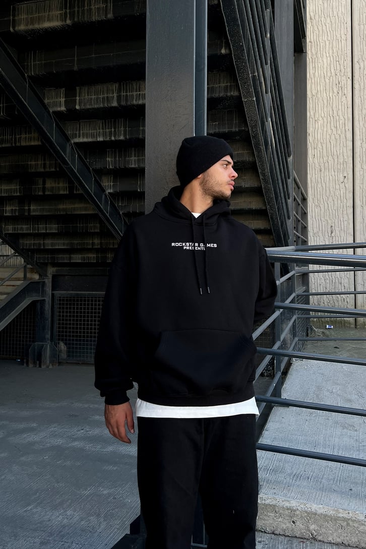 San Andreas Sırt Baskılı Siyah Oversize Sweatshirt