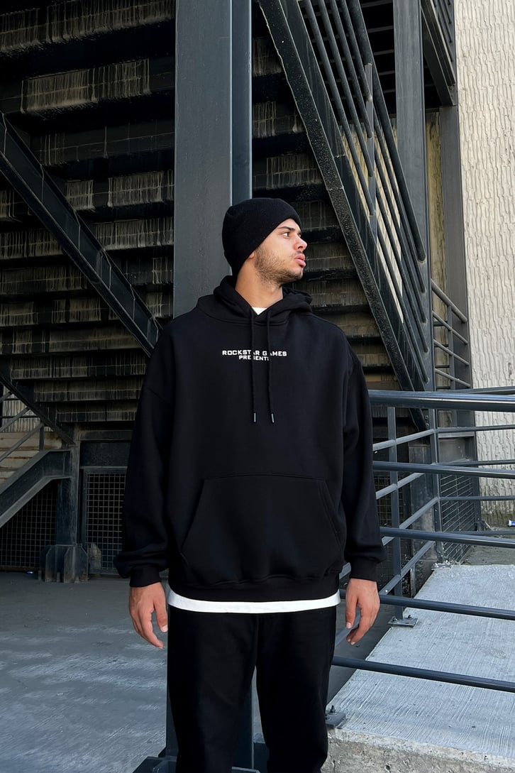 San Andreas Sırt Baskılı Siyah Oversize Sweatshirt