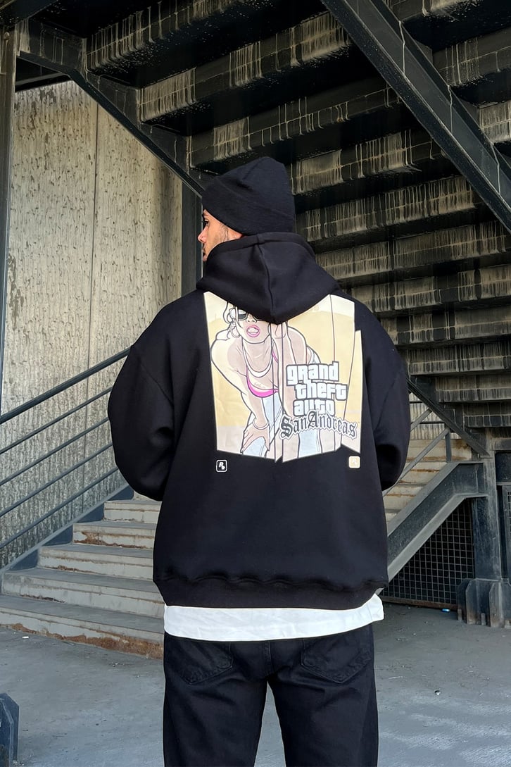 San Andreas Sırt Baskılı Siyah Oversize Sweatshirt