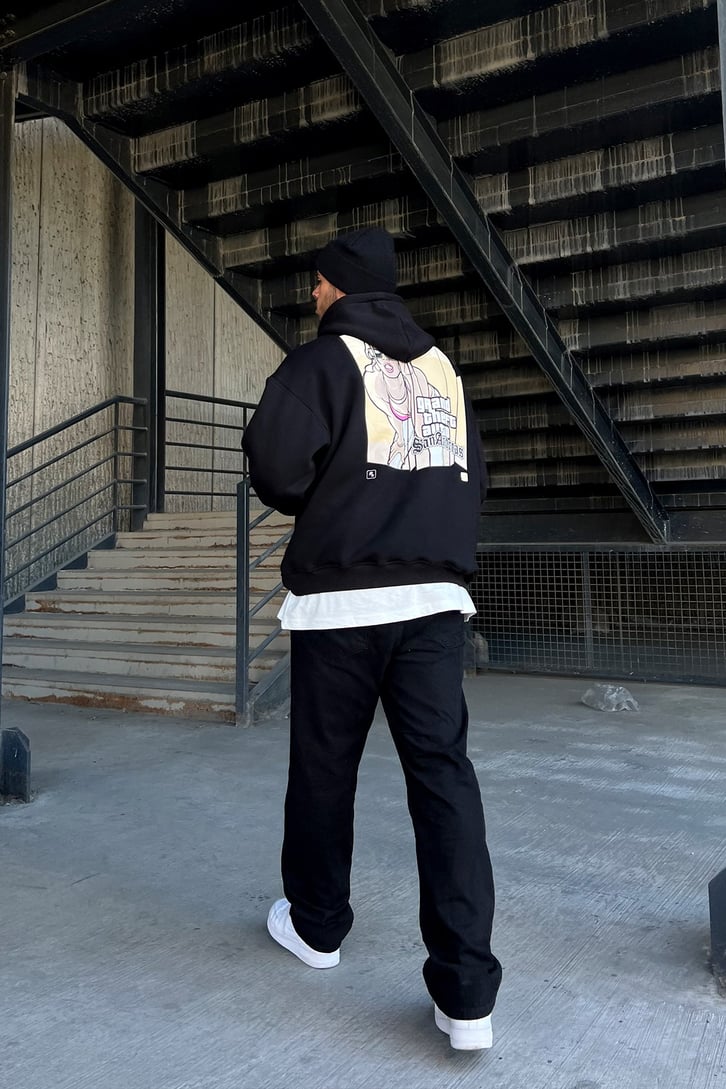 San Andreas Sırt Baskılı Siyah Oversize Sweatshirt