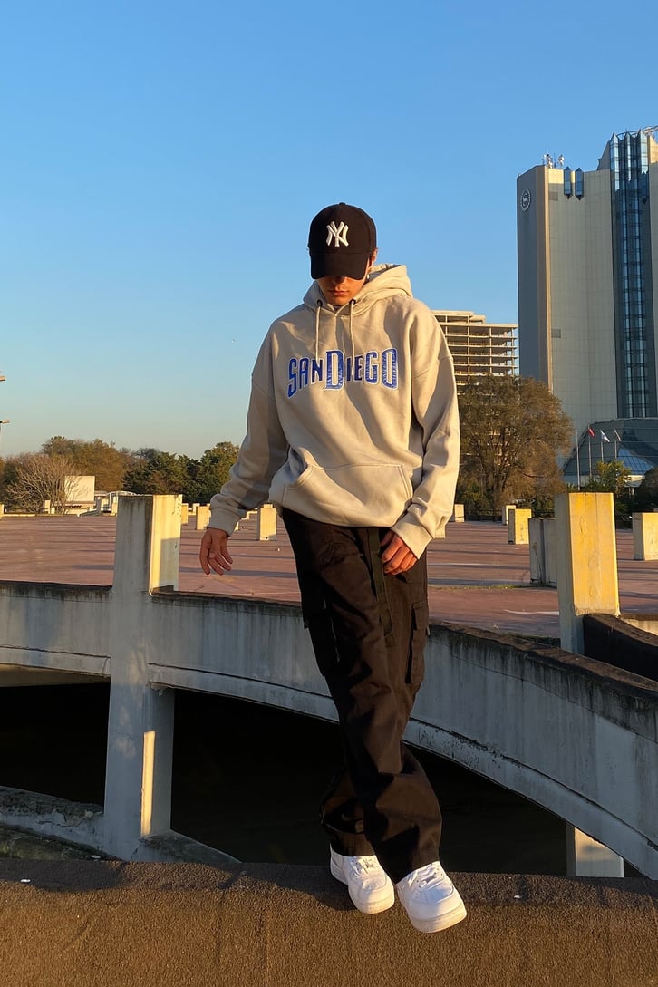 San Diego Oversize Printed Gri Hoodie