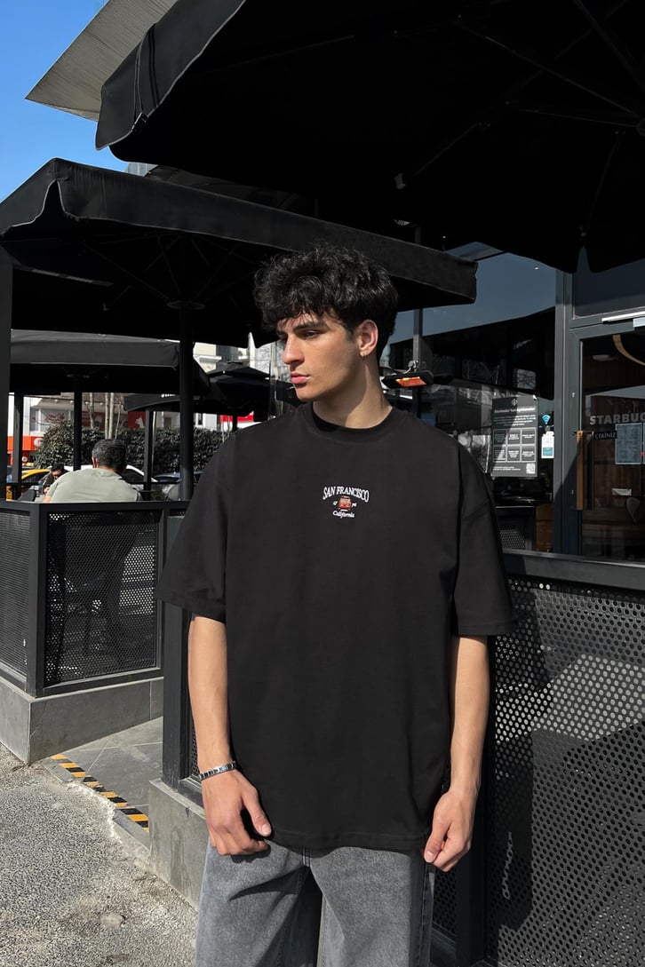 San Francısco Nakışlı Siyah Oversize Tişört