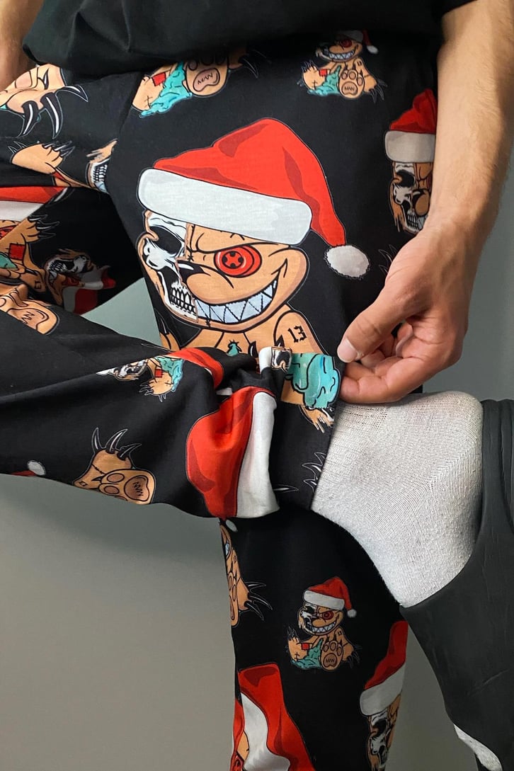 Santa Teddy Bear Baskılı Siyah Pijama