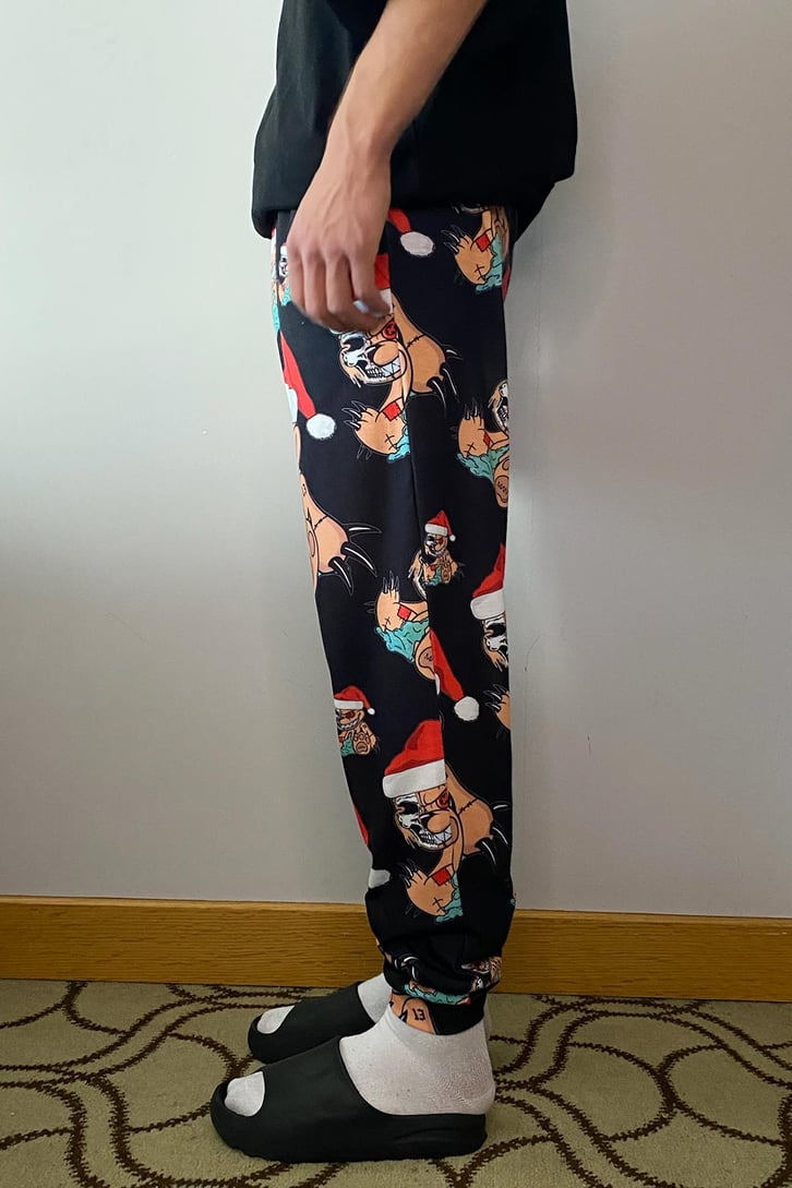 Santa Teddy Bear Baskılı Siyah Pijama