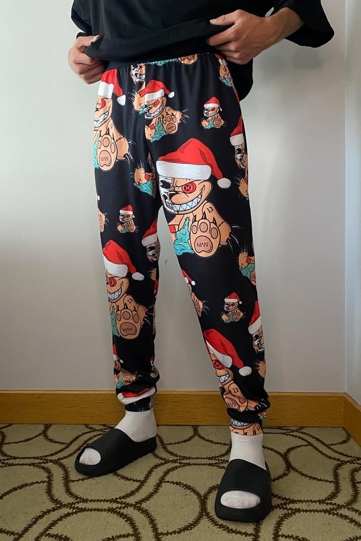 Santa Teddy Bear Baskılı Siyah Pijama