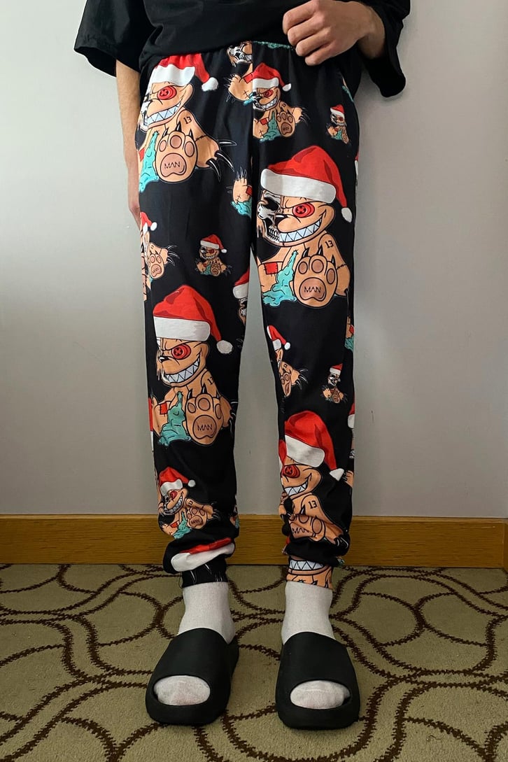 Santa Teddy Bear Baskılı Siyah Pijama