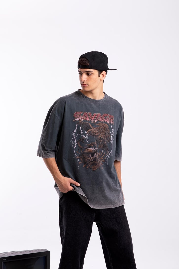 Savage Baskılı Acid Wash Oversize Tshirt