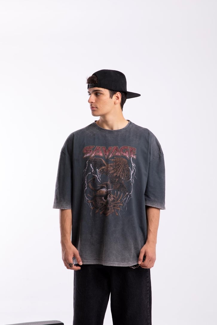 Savage Baskılı Acid Wash Oversize Tshirt