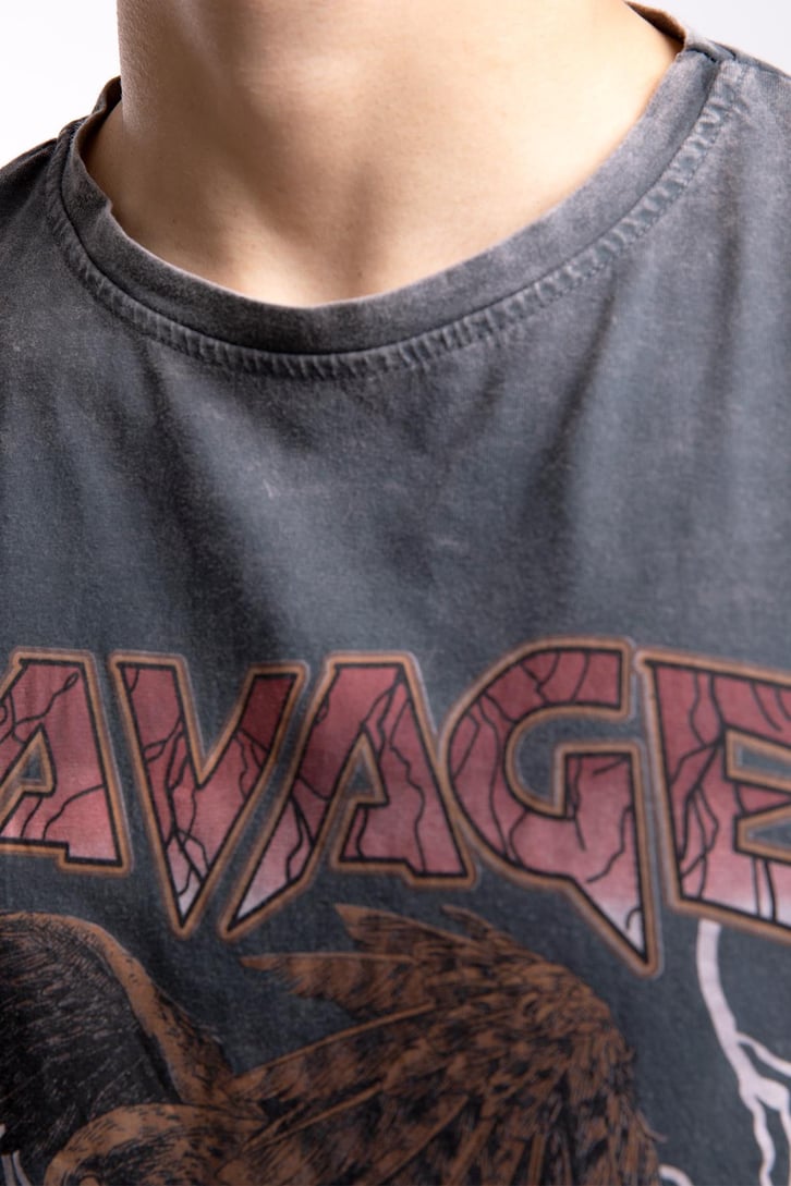Savage Baskılı Acid Wash Oversize Tshirt